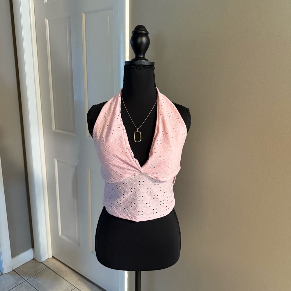 Pink Halter Neck Eyelet Top